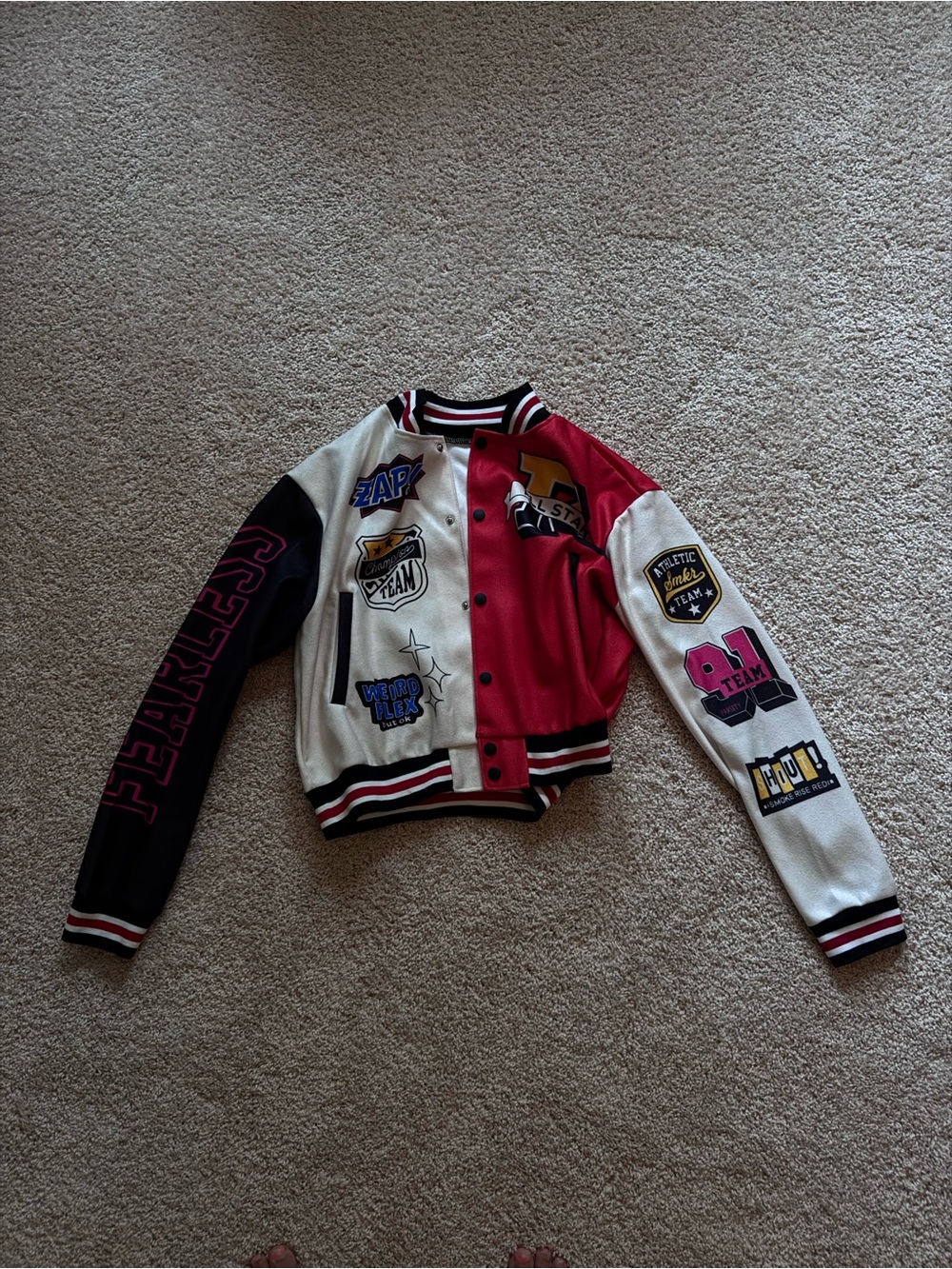 Dance Costume Patchwork Varsity Jacket - Red, White & Black